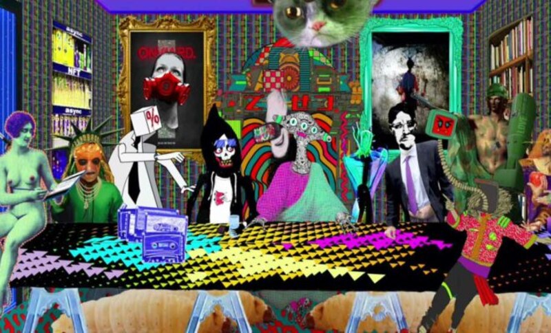 Cena surrealista con personajes famosos