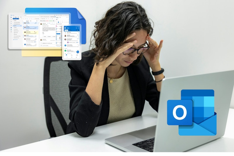 Mujer estresada por la caída de Microsoft 365 y Outlook