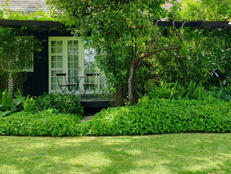 Jardín verde con cabaña