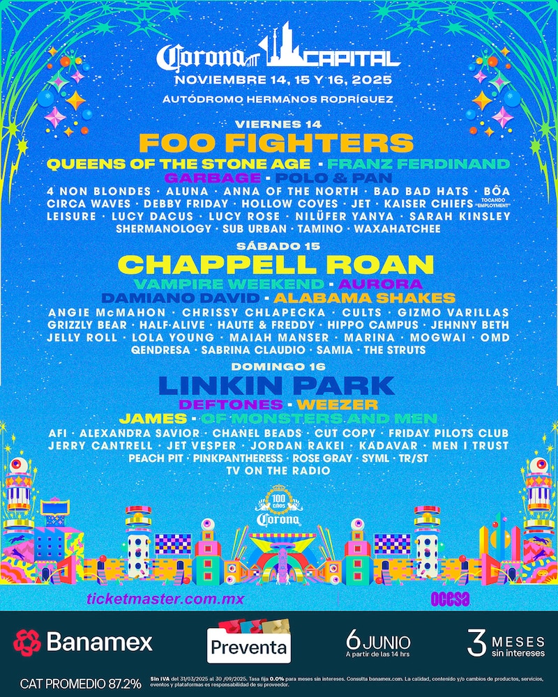 Cartel oficial del Corona Capital 2025 con bandas, artistas y fechas confirmadas para la edición del festival de este año.