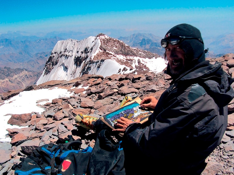 Pintando en la cima del Aconcagua