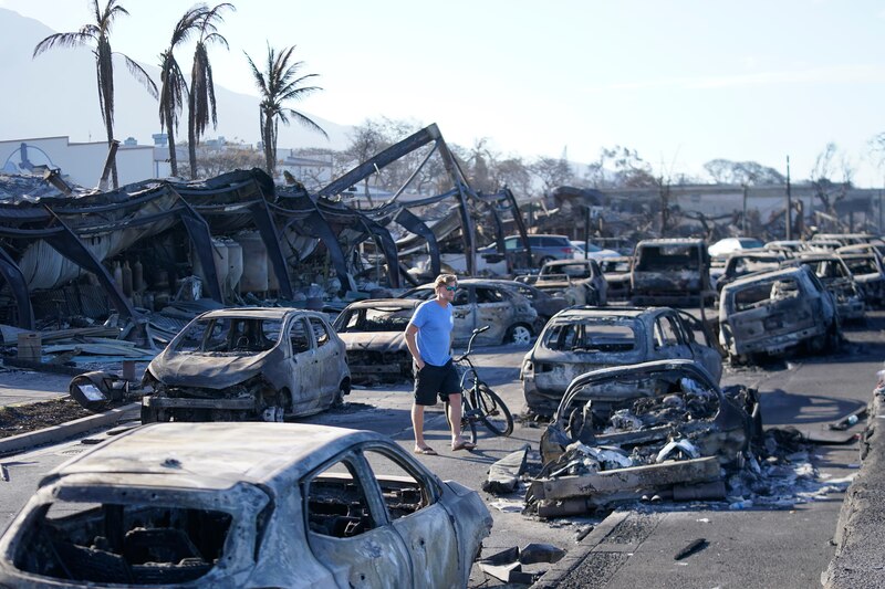 Un hombre camina entre los restos de un incendio forestal
