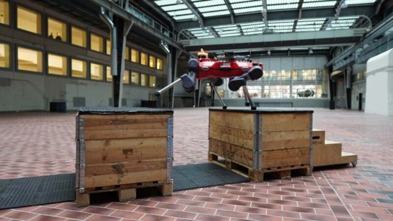 Un robot cuadrúpedo salta sobre una caja