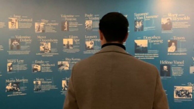 Un hombre mirando un muro azul con fotos de mujeres artistas.