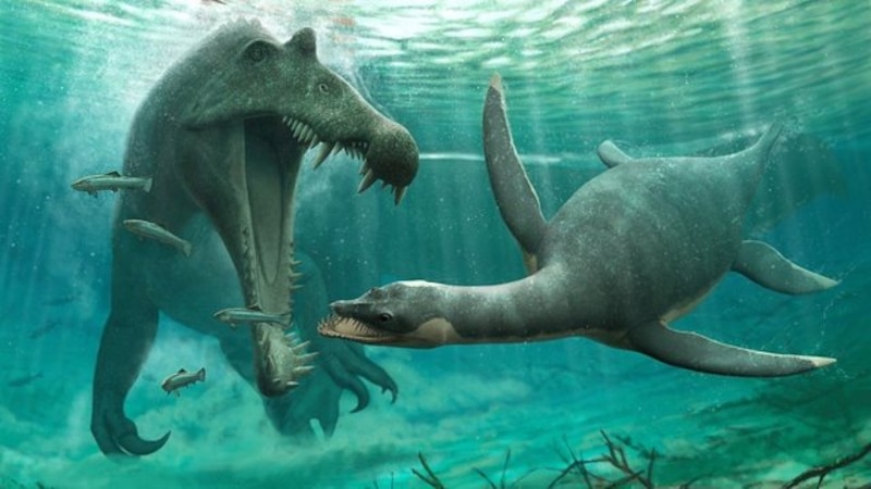 Un dinosaurio acuático ataca a otro dinosaurio en el mar