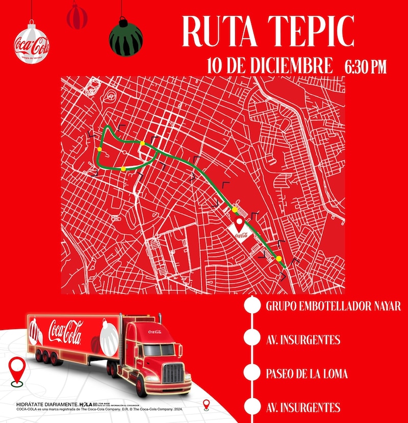 Imagen de la ruta de la Caravana Coca-Cola de este martes 10 de diciembre en Tepic, Nayarit.