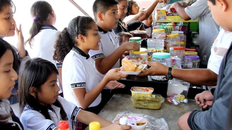 Niños reciben comida en una escuela