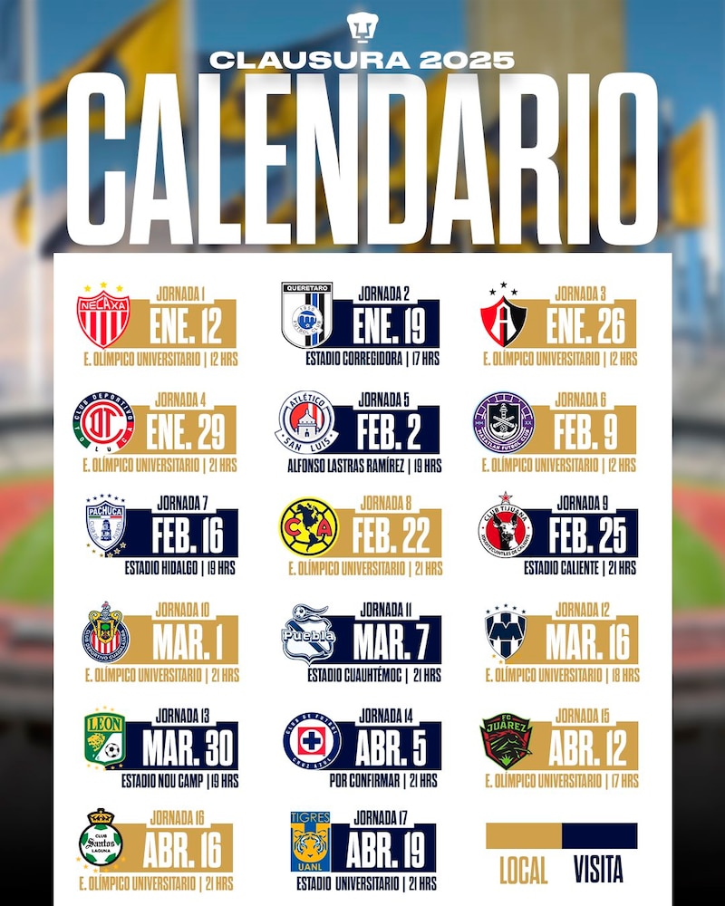 Calendario oficial completo de Pumas para el Clausura 2025 de la Liga MX.