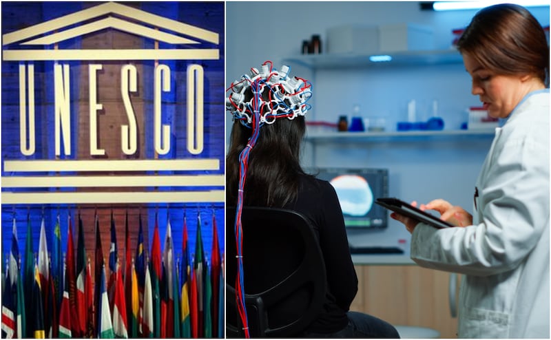 La imagen de la Unesco con las banderas de todos, los países junto con loa neurotecnología que puede ser peligrosa para la sociedad