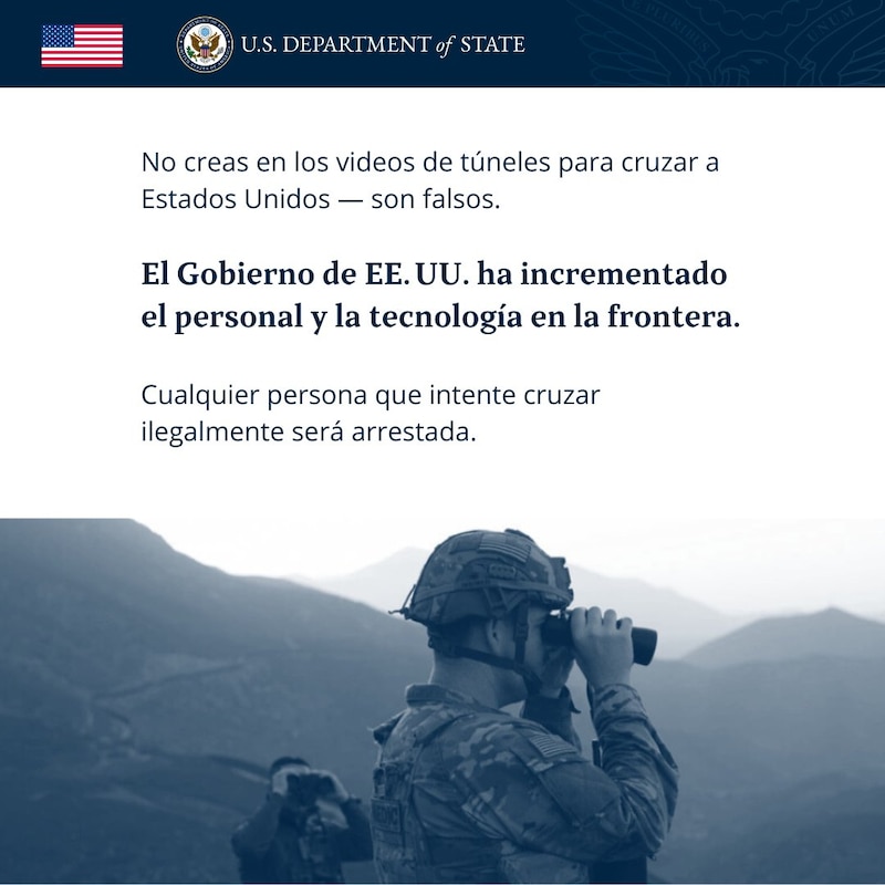 Captura del mensaje oficial de la Embajada de EE.UU. en México advirtiendo sobre la falsedad de videos que muestran túneles para cruzar la frontera