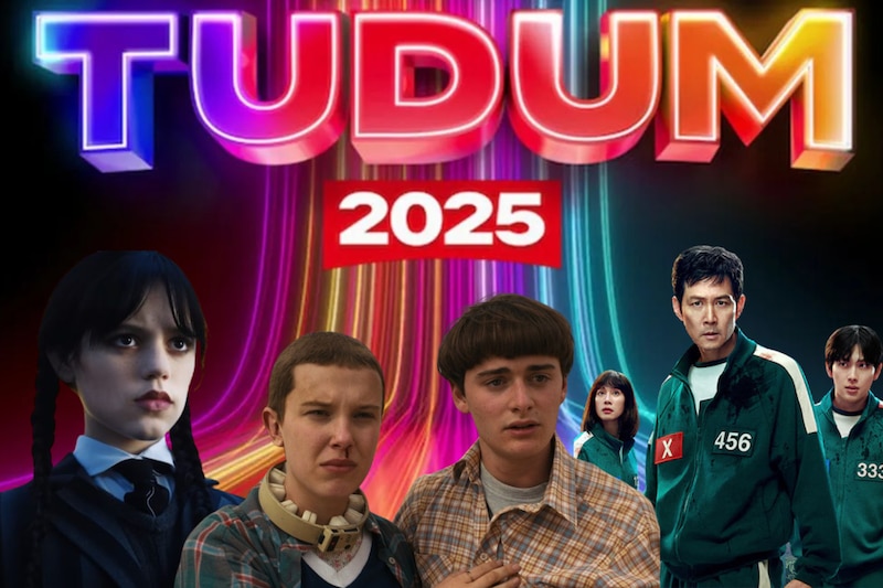 Composición fotográfica que muestra el Logo de Tudum 2025 junto a personajes de series como "Wednesday", "Stranger Things" y El juego del calamar"