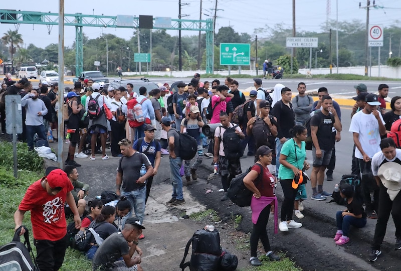 Un grupo de migrantes camina por una carretera en busca de un nuevo hogar