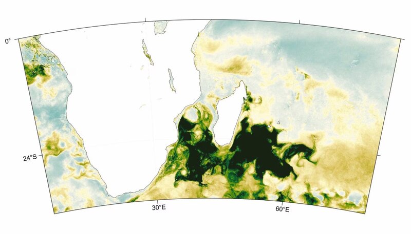 Imagen de la concentración de clorofila en el Océano Índico