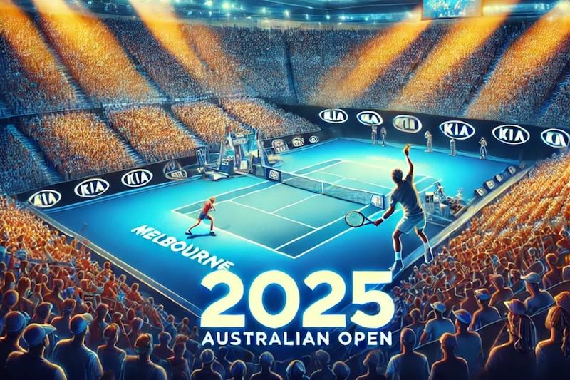 Ilustración del flyer del Australian Open 2025 donde se muestra un estadio y una cancha de tenis