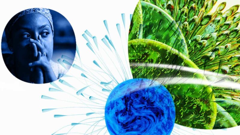 La imagen muestra a una mujer joven con un pañuelo en la cabeza, pensativa, junto a una representación gráfica de las células cancerosas.