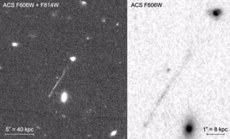 Comparación de imágenes del cúmulo de galaxias Abell 2744 tomadas con los filtros F606W y F814W de la cámara ACS del HST.