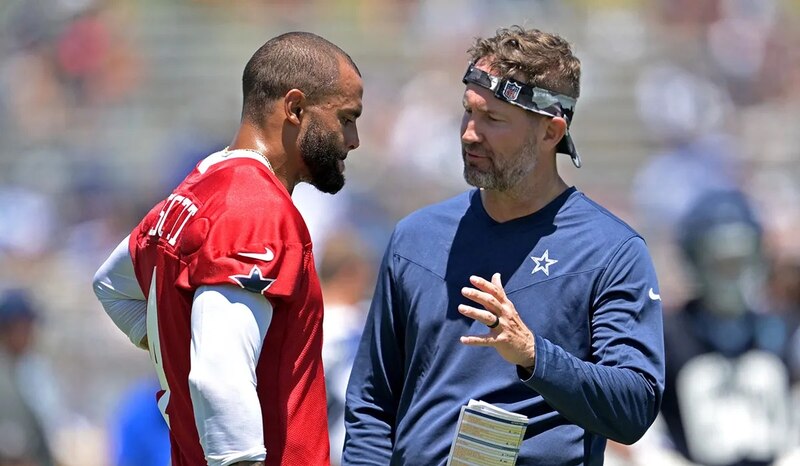 Brian Schottenheimer con Dak Prescott durante un entrenamiento de los Dallas Cowboys en la temporada 2024.