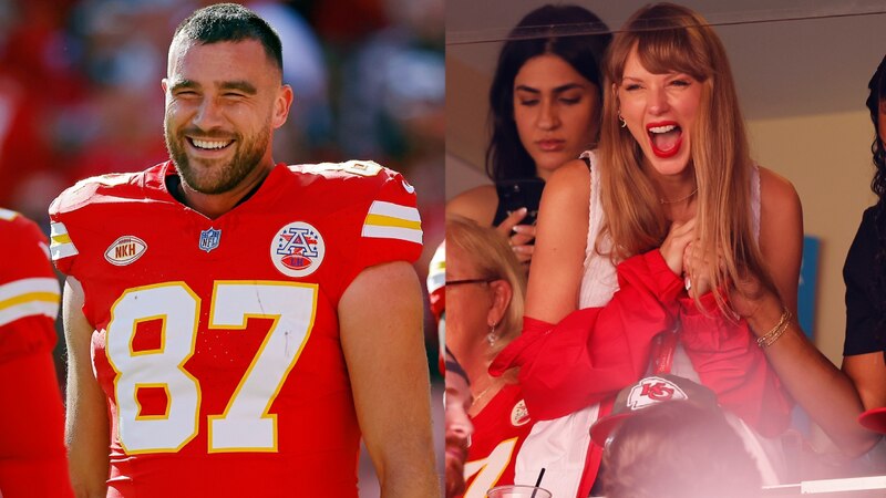 El jugador de fútbol americano Travis Kelce y la cantante Taylor Swift sonríen y celebran la victoria de los Kansas City Chiefs en el Super Bowl LIV.