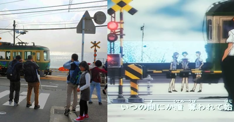 Cruce de trenes del anime Slam Dunk
Kamakura empezó a emitir matrículas de Slam Dunk en 2014 como una estrategia de promoción de la ciudad, ya que el cruce de trenes que sale en la apertura del anime es un sitio muy famoso y visitado