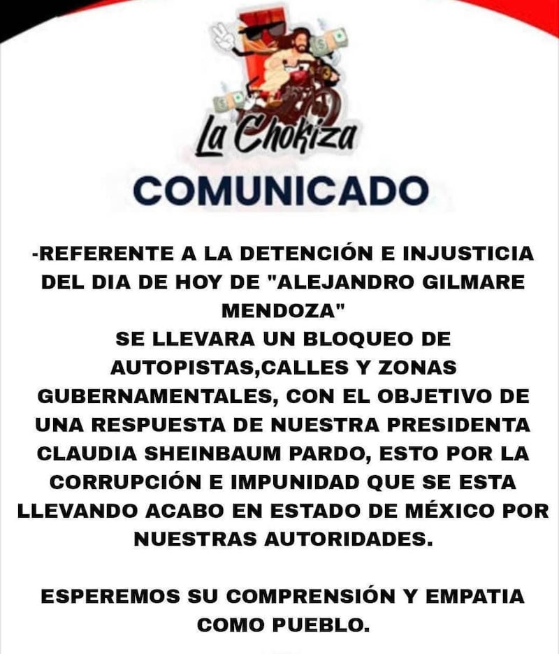 Comunicado de "La Chokiza". El grupo pide una respuesta de la presidenta Claudia Sheinbaum tras la detención de Alejandro Gilmare Mendoza.