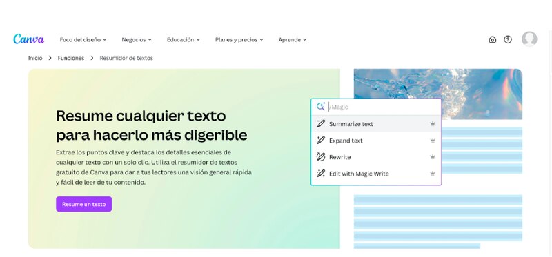 Resumidor de textos con IA de Canva