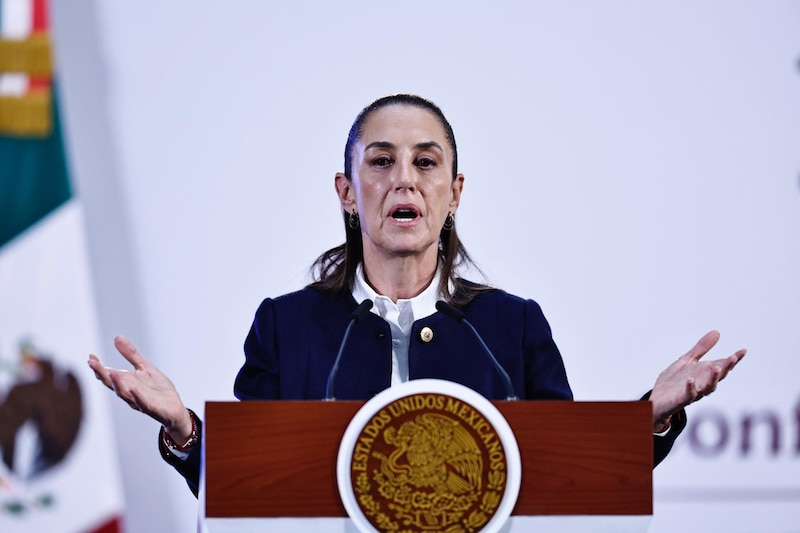 La presidenta de México Claudia Sheinbaum, habla este viernes durante una rueda de prensa en Palacio Nacional en la Ciudad de México (México). Sheinbaum expuso que defenderá su "proyecto" político en la reunión del G20 en Brasil, sugerirá destinar el 1 % del gasto armamentista a combatir la pobreza y defender los derechos de las mujeres.