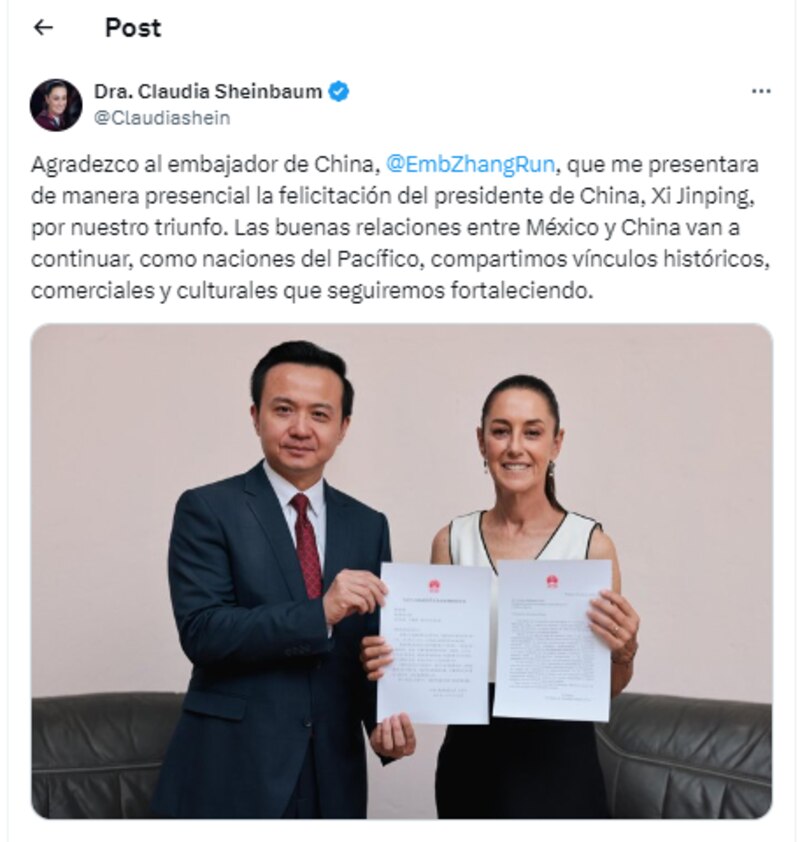 - La Dra. Claudia Sheinbaum recibe la felicitación del presidente de China, Xi Jinping