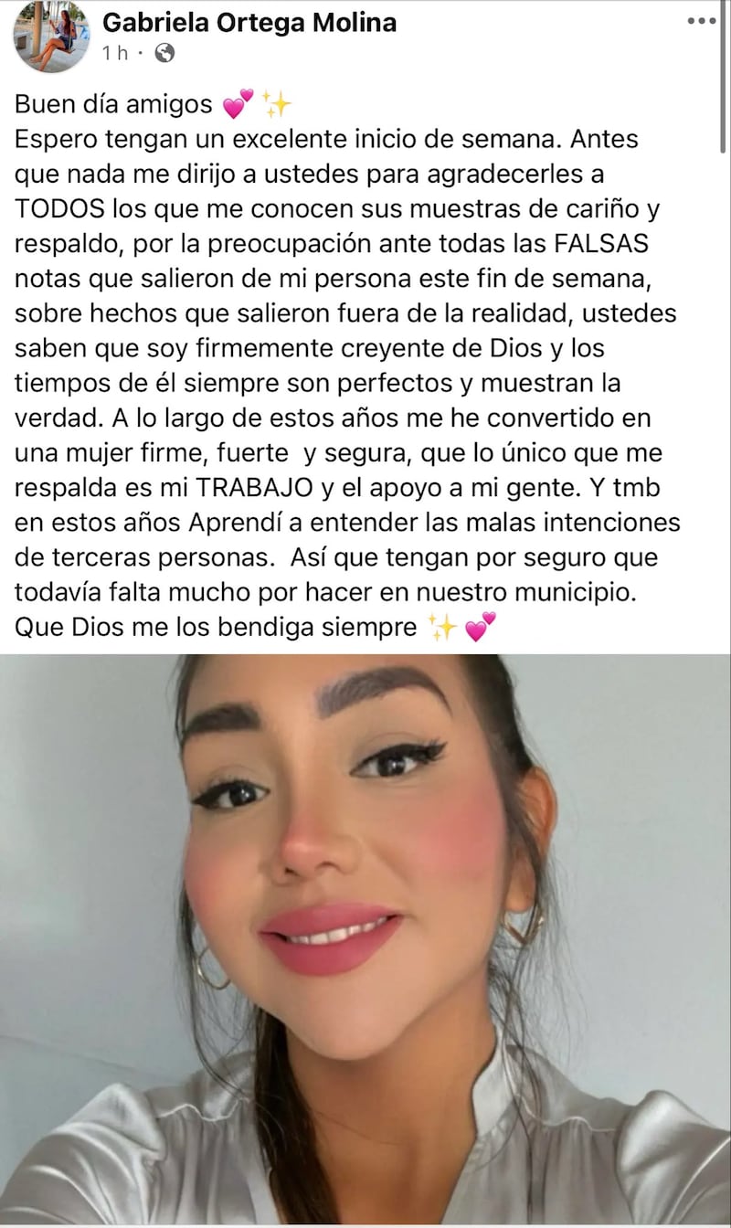 Respuesta de Gabriela Ortega Molina. En su perfil de Facebook, la presidenta municipal de Copila, Veracruz colocó este mensaje respecto a los señalamientos por haber sido encontrada en un rancho de la familia de Caro Quintero durante un operativo