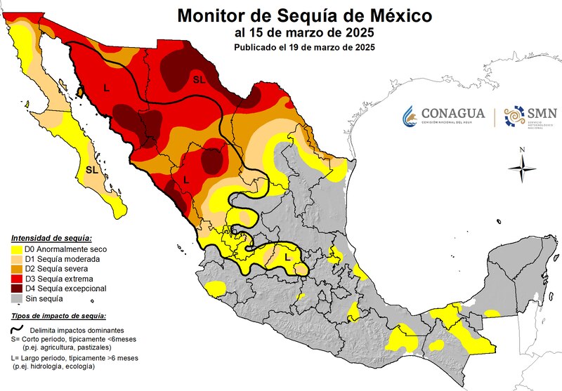 Monitor de Sequia de México al 15 de marzo de 2025