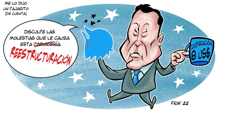 Presidente argentino Alberto Fernández sostiene un pajarito azul de Twitter que le dice que la reestructuración de la deuda con el FMI es una carnicería.