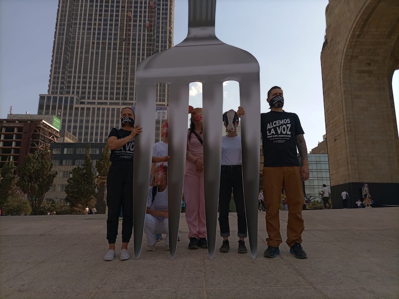 Activistas protestan contra el consumo de carne en el zócalo de la Ciudad de México.
