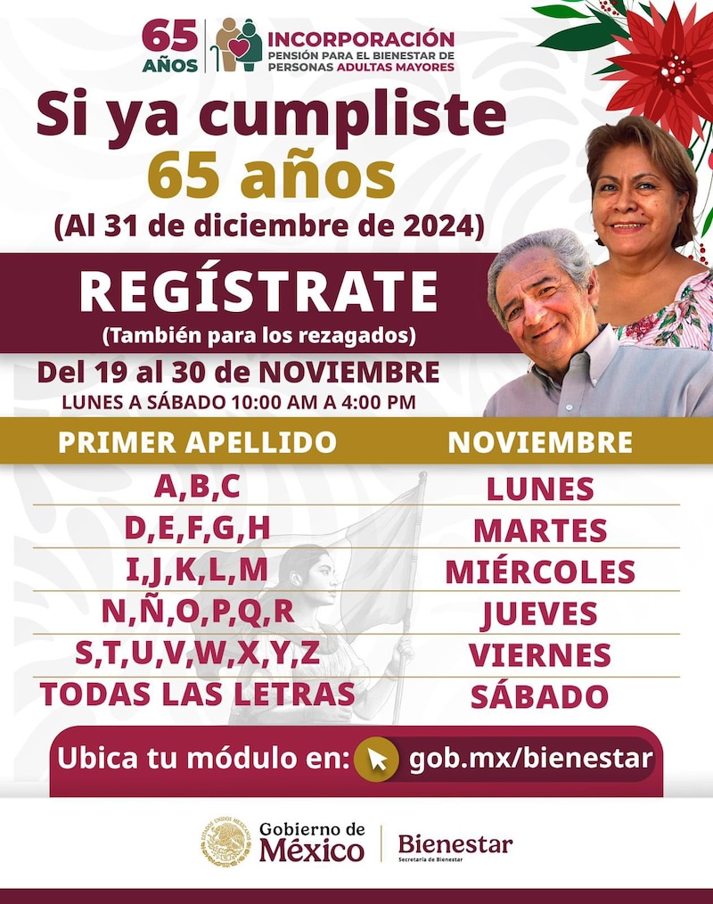 Calendario oficial, horarios y fechas de registro para la incorporación a la Pensión del bienestar de personas adultas mayores en México.