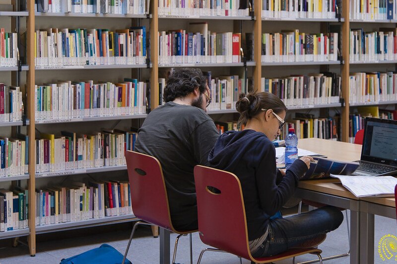 Estudiantes universitarios trabajando juntos en la biblioteca