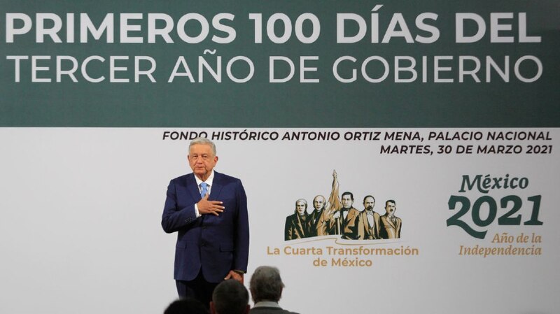 Presidente mexicano Andrés Manuel López Obrador durante su discurso por los primeros 100 días de su tercer año de gobierno