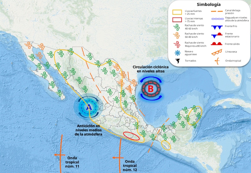 Mapeo de áreas en vigilancia por desarrollo de tormentas significativas en el país para el martes 15 de julio