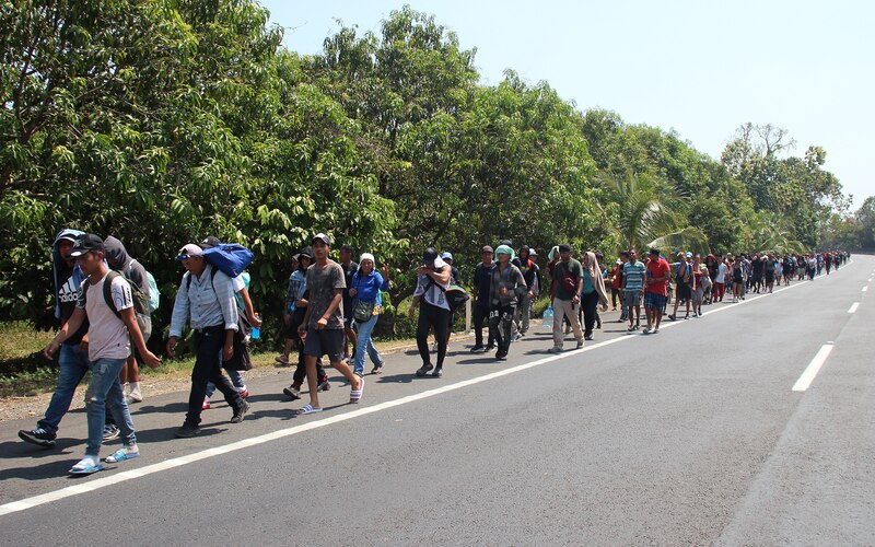 Migrantes caminan en fila por una carretera