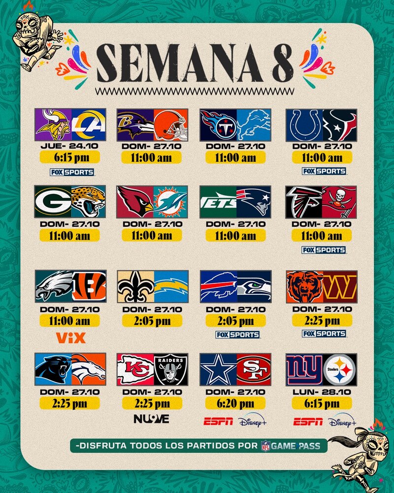 Partidos, horarios y canales de transmisión de la semana 8 de la NFL 2024 en México